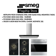 SMEG MDA Bundle Deal Hood, Hob &amp; Oven, 90cm Telescopic + Domino Gas hob (Glass), 1 Gas + Domino Gas hob (Glass), 2 Gas + 60cm Oven