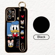 (With Wristband) For Realme GT2 Pro GT Neo3 GT Master 5G Phone Case Cute Cartoon Donald Duck Square Edge Cover Luxury Plating Soft TPU Casing