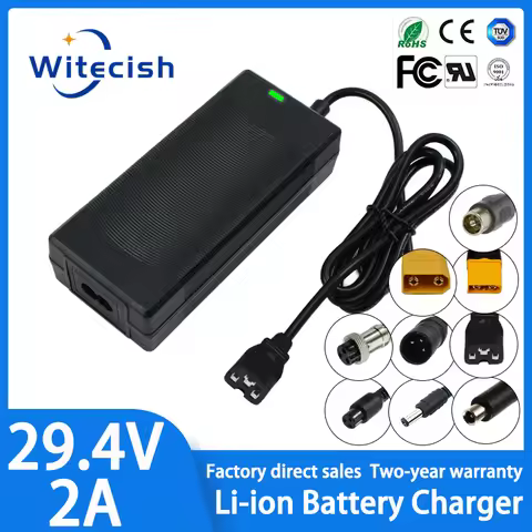 29.4V charger 2A for 24V Li-ion battery 7S 18650 battery pack Connnector DC5525 IEC GX12 RCA GX16 In