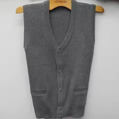 Men's V-Neck Knit Vest Cardigan Spring Autumn Sleeveless Sweater Waistcoat for Mature Men