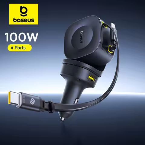Baseus 100W Car Charger PD QC Fast Charging Dual Type-C Retractable Cable 4 ports 450°Rotation For L