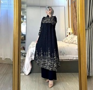 Set Tunik Tunik Arumi Kulot Crinkle Motif Floral Warna Biru Gemerlap/Beige/Abu Tua