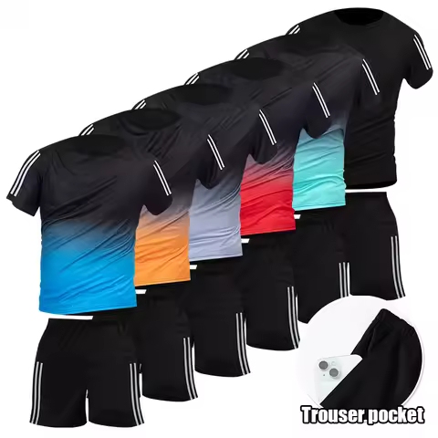 2/4-Pcs Men's Summer Two Bar Casual Sports Fashion Set Loose Short Sleeved T-shirt With Pocket Short