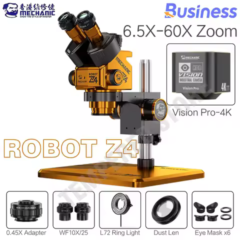 MECHANIC ROBOT Z4-B11 Trinocular Stereo Industrial Microscope 6.5-60X Continuous Zoom WF10X25 4K HD 