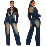 Women's Denim Jumpsuit Slim Stretch Flare Wash Long Sleeved Denim Jumpsuit Ladies Elegant Temperamen