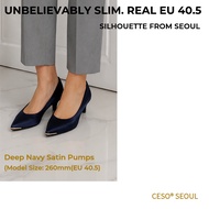 【CESO SEOUL】 Unbalanced Navy Satin Pumps (5cm) - Comfortable Asymmetrical Office Shoes for Extended 