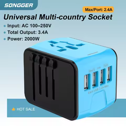 Universal Travel Plug Adapter with Multi Country Socket 4 USB Charging Ports 100-250V 2000W 3.4A Tot