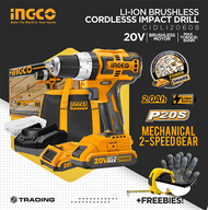 INGCO Li-Ion Brushless Cordless Impact Drill 20V 13MM with 2 Pcs Battery + Charger + Carrying Bag CIDLI20608 (WITH FREE SAFETY GLOVES + SAFETY GLASSES + 3 METERS YELLOW TAPE MEASURE)