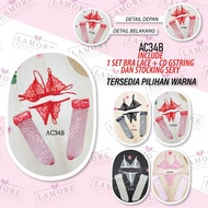 MERAH G String Bra Set Women's Underwear + Red Lace Stockings Ac34B