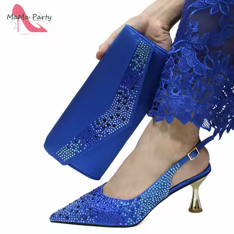 2024 Newest Italian Women Shoes and Bag to Match in Royal Blue Color INS Hot Sale Full Crystal Point