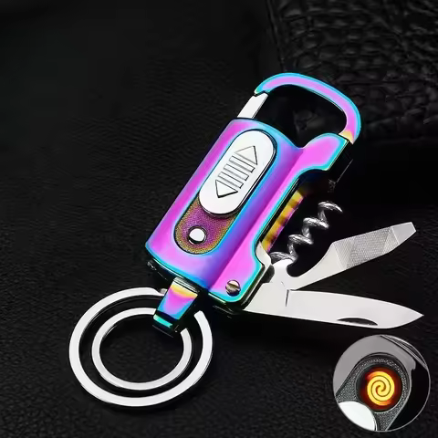 Multifunctional Electronic Lighter Keychain Wine Opener Knife Flashlight Slotted Screwdriver Metal W