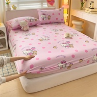 Sanrio ผ้าปูที่นอนผ้าฝ้ายผ้าปูเตียงแบบพอดี Hello Kitty Cinnamoroll Kuromi ผ้าปูเตียงนุ่มเตียงเดี่ยวขนาดคิงไซส์