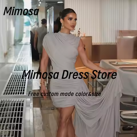 Mimosa High Collar Prom Dresses Capped Sleeves Zipper Back Evening Dress Pick Ups Long Flutters Cock