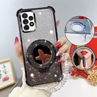 Glitter Four-Corner Shockproof Phone Case with Mirror Stand Beaded Strap For Samsung Galaxy A53 A 53
