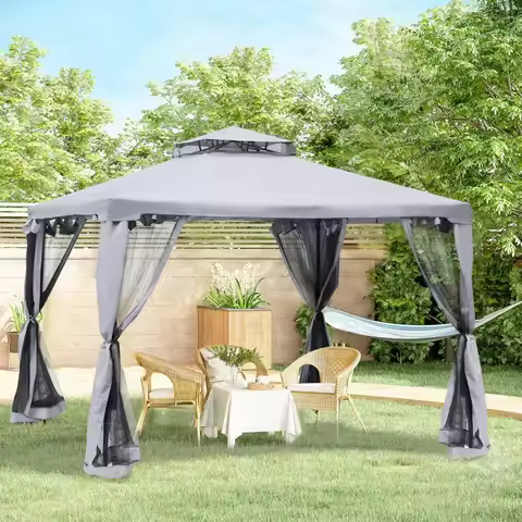 10' x 10' Patio Gazebo, Outdoor Canopy Shelter with 2-Tier Roof and Netting, Steel Frame, Rainproof