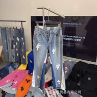 XH9E Chrome Hearts Seasonal Cross Design Leather Embroidered Jeans