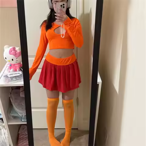Women Halloween Velma Costume Orange Long Sleeve Crop Top And Pleated Mini Skirt with Stockings Cosp