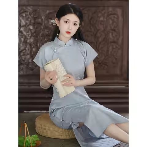 Lake Blue Full Opening Traditional Qipao One Piece New Chinese Style Travel Dress