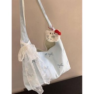 Korean Style Sweet Embroidery New Canvas Bag Bow Shoulder Bag Large Capacity Commuter Tote Underarm 