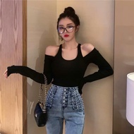 Long-sleeved BB Camisole Collar Off-Shoulder Design Bodycon Women's Ribbed Blouse - BA257
