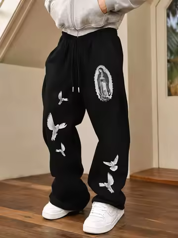 US Virgin Mary Dove Print Straight Sweatpants Men's Loose Casual Sports Pants S-3XL