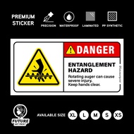 Entanglement Hazard. Safety Sticker. Warning Caution Danger Sign Label Hazard. Rotating Auger. Stike