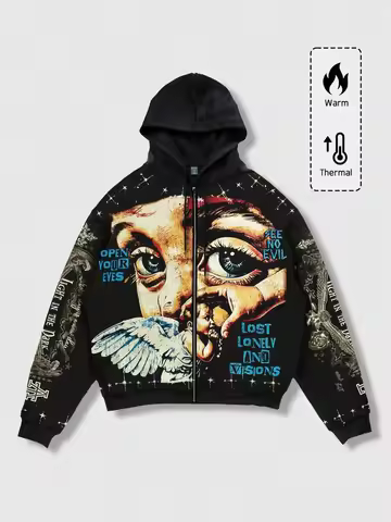 ROMWE MEN Street Life Spring Casual Graphic Men's Fashion Street Angel Print Zip-Up Drawstring Hoode