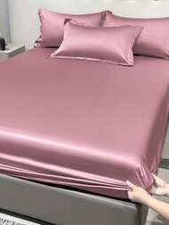 1入組緞面純色床裙和1入組深粉色冰絲床罩,用於臥室的床上套件