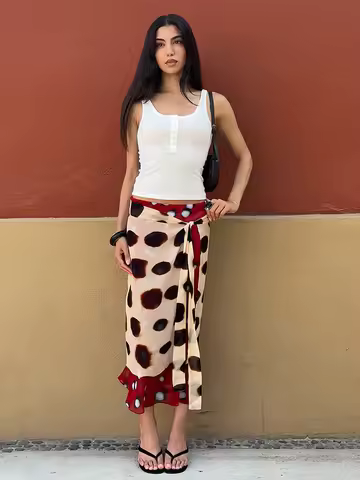 JULISSA MO Irregular Print Polka Dot Bandage Women Skirt Khaki Double Layer High Waist Skirt Summer 