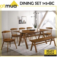Atmua Vivo Gordon Dining Set (1 Table + 5 Chairs + Bench Chair) [Full Solid Rubber Wood] 6 Feet Leng