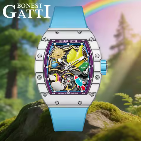 BONEST GATTI Colorful Tonneau Cartoon Skeleton Men's Automatic Watch Carbon Fiber Waterproof Fluoror