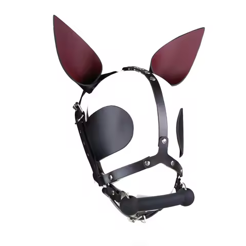 BDSM Harness Ball Gag Eye Blinder Fetish Toys Head Piece Hood Mask With Silicone Bone Mouth Gag Ears