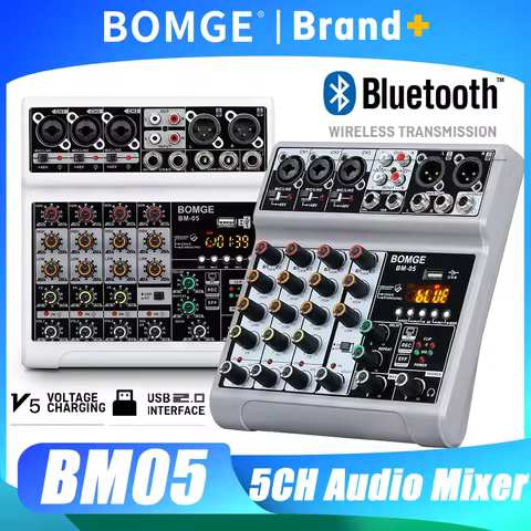 BOMGE 5 Channel Mixer with 3 Mic Line Input 48V Stereo Bluetooth MP3 PC U dish Recording for Studio 