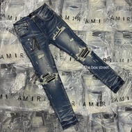 Amiri xm1 เข่าดำ ยีนส์เข้มคลาสสิค ทรงกระบอกผู้ชาย Jeans กางเกงยีนส์แต่งเข่าหนังดำ ผ้ายีนส์ยืดสั่งทอน