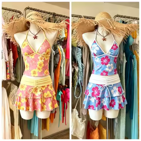 Harajuku Cute Y2K 3 Piece Women Bikini Outfit Sweet Printed Ruffle Lolita Crop Top Skirt Suit Summer