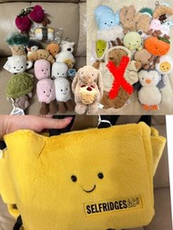 jellycat大清貨 厭世龜kc/聖誕手套/牛角包kc/車厘子kc/西高地狗kc/咖啡杯/綠草花生/柑橘/企鵝/開心果/生薑/生日蛋糕兔/馬卡龍/茄汁豆/潛水蛋/玉子蛋壽司/selfridges袋/