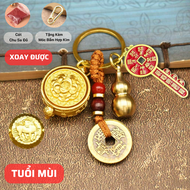 (Kèm Cát Đỏ + Móc Bấm Hợp Kim) Bộ Móc Khóa Bát Tụ Bảo 4 Món Khắc 12 Con Giáp - Chìa Khóa Xu Cổ - Chấ