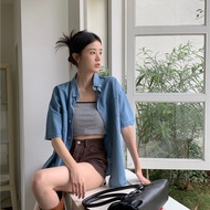 🦋VEVE แขนสั้นเสื้อเชิ้ตยีนส์ผู้หญิงออกแบบสบาย ๆ รู้สึกว่า เสื้อแจ็คเก็ตบาง ๆ หลวมเสื้อเชิ้ตขาด