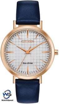 Citizen EM0763-07A Analog Eco-Drive Solar Powered Rose Gold Tone Stainless Steel Case Blue Leather Ladies / Womens Watch