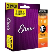 Elixir Strings 16545/16538 Acoustic Guitar Strings with NANOWEB Coating, 3 Pack,Light/Custom Light E
