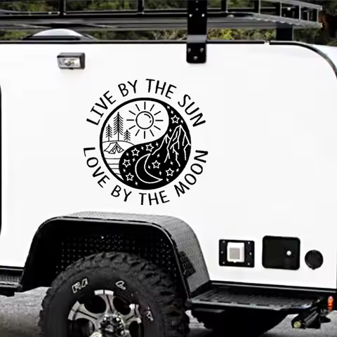 Hiking Camping Mountains Vinyl Wall Sticker Live By The Sun Decals Yin Yang Love By The Moon Vinyl D