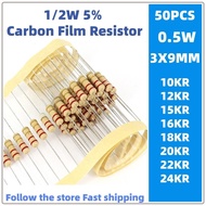 50pcs 1/2w carbon film resistor 5% 0.5w 10KR 12K 15KR 16K 18KR 20K 22KR 24KR thousand ohms