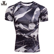 Luokeเสื้อแขนสั้นออกกำลังกายเสื้อกีฬาผู้ชายProกีฬาแห้งเร็วออกกำลังกายเพาะกายเสื้อพิมพ์ลายสีเทาดอกไม้
