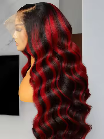 30 Inch Black Red Blonde Highlight Wig Human Hair Ombre Burgundy Body Wave Lace 1B/99J Gluless 5X5 C