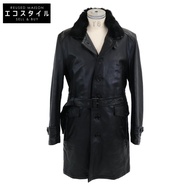 Burberry Black Label 黑色羊皮單件風衣，飾以兔毛，尺寸 LL