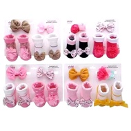 NIA Set of 2 Ribbon Headbands 2 Pairs of Baby Girl Socks 0-6 Months - 4in1 Girl Headband and Socks B