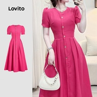 Lovito Elegant Dress Button Front Spring/summer Rose Red Dress for Women L149LD556 Lovito Gaun Bunga
