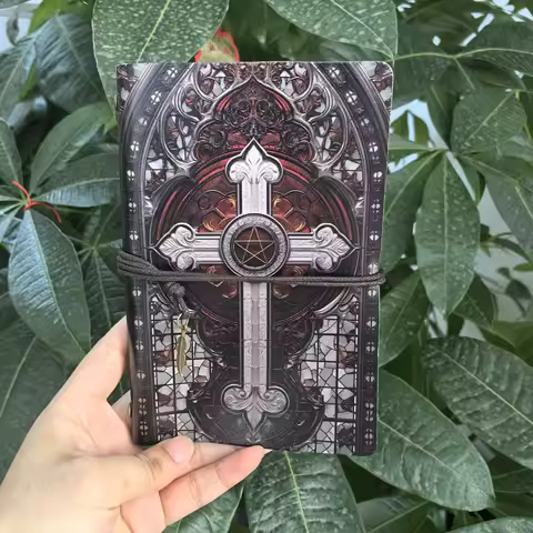 Gothic Cathedral Cross Pentacle A6 Leather Notebook - Vintage Stained Style, Handmade Sketchbook, Da
