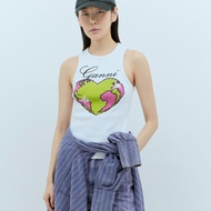 Ganni White Sleeveless Heart Pattern Graphic Rib Tank Top