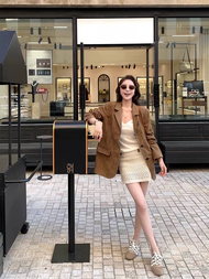 Cicishop(3399) เสื้อสูทหนังกลับ กระดุมหน้า ดีเทลกระเป๋า2ข้างใช้งานได้จริง มีเสริมไหล่ ใส่ออกงาน เรีย